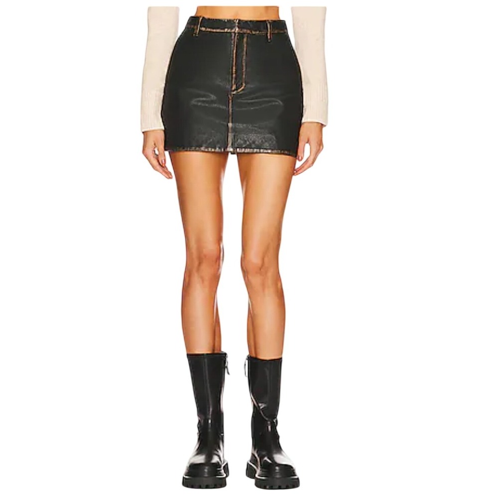 EAVES‎ Koa Brown Distressed 100% Leather Mini Skirt Womens XS Revolve